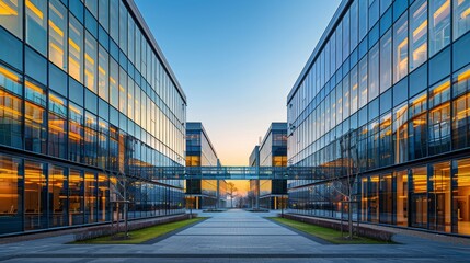 Wall Mural - Modern Office Buildings with Glass Facades and a Connecting Bridge