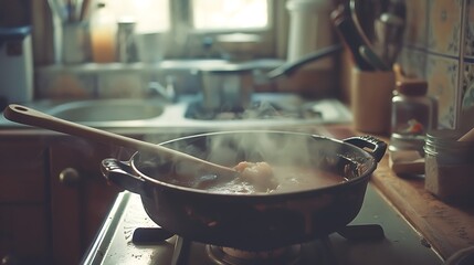 Saucepan on the stove, kitchen interior, cooking in the Saucepan, food in the Saucepan