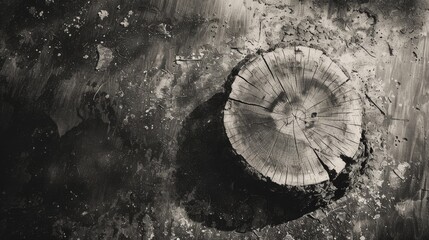 Poster - Top down view of a tree stump on a wooden surface Monochromatic image in brown and white