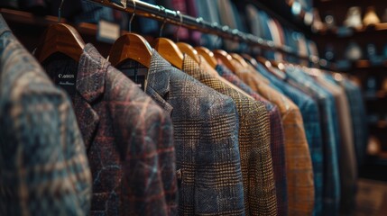 Close-up of Plaid Blazers Hanging on a Rack