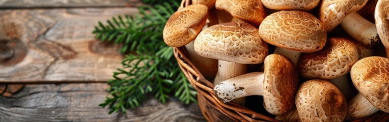 Wall Mural - Top View of Porcini Mushrooms and Fern in Basket with Mushroom Knife - Natural Mushroom Background Banner