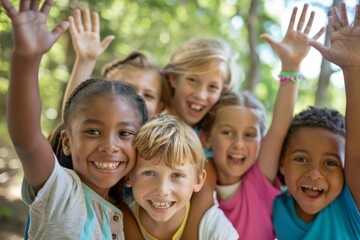 Wall Mural - Portrait of group of children standing together and smiling at camera in park