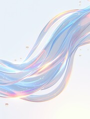 Abstract fluid shapes intertwine, with translucent, pastel hues of blue, pink, and orange. Small bubbles float amidst the smooth, flowing ribbons on a white background.