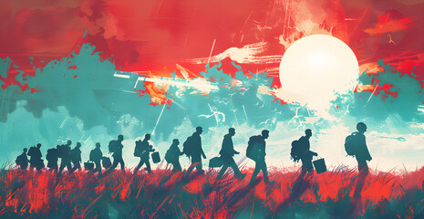 A group of people are walking in a field with a red sun in the background