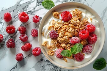 Wall Mural - Top view. Flatlay food photography. Aerial view of bowl of natural organic breakfast. Bright studio lighting. Minimalistic stock photo, high resolution