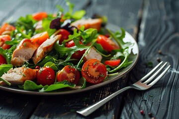 Wall Mural - Close up of a salad with mixed greens, cherry tomatoes and chicken on a plate, with a fork beside it, on a dark wooden  