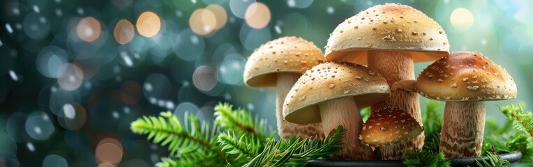 Wall Mural - Forest Mushroom Delight: Boletus Edulis, King Bolete, and Fern on Metal Bowl as Dark Food Photography Background - Top View