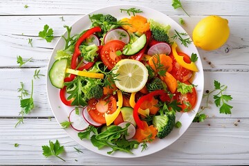 Wall Mural - Colorful salad with vegetables, lemon and mixed greens on a white plate over a light wooden table background. 