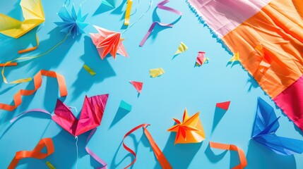 Wall Mural - Various types of kites made of textile materials in orange, red, and electric blue colors are displayed on the table. They feature different patterns, triangles, lines, and artistic paint designs