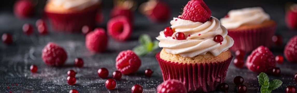 Fruit-topped Raspberry Cupcake with Frosting - Delicious Bakery Treat on Dark Background - Food Photography