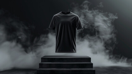 Wall Mural - mock up 3D black t-shirt on podium, black background with light smoke, Ai generated Images