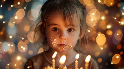 Wall Mural - A cute little girl is blowing out the candles on her birthday cake. Little girl is excited and happy while making a wish at a birthday party at night against a beautiful bokeh background.