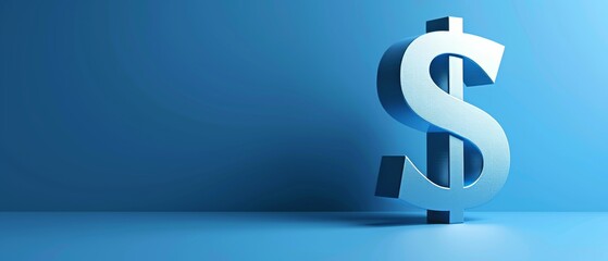 Sleek 3D dollar symbol with a shiny metallic finish, blue flat background, clean and modern, text area included to the right