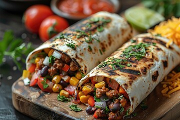 food photography of two delicious burrito wrapped in tortilla on wooden board with vegetables and fruits, dark background