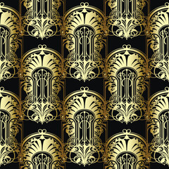 Wall Mural - 3d Vintage art nouveau floral seamless pattern. Vector ornamental antique old style black background with gold vintage arches. Ornate beautiful ornaments. Patterned luxury endless shiny texture