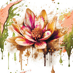 Wall Mural - Watercolor beautiful lotus flowers seamless pattern. Dirty spotty watercolor vector background. Hand drawn painted flowers, leaves, splashes. Modern artistic ornaments on white. Endless texture