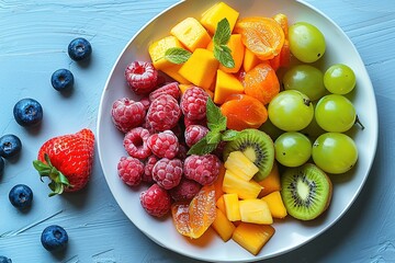 Wall Mural - fresh food healthy diet orange kiwi organic fruits sweet red juicy ripe vitamin salad background colorful vegetarian