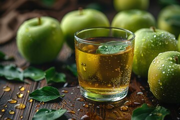 Wall Mural - green apple juice in glass with green apples on wooden table isolated black background, real photo --ar 3:2 --stylize 750 Job ID: 5435181e-e84c-4762-b724-fc2fc49c75a9