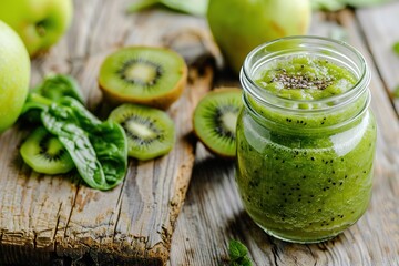 Wall Mural - Green smoothie with apple, kiwi and spinach in a glass jar on a wooden background.