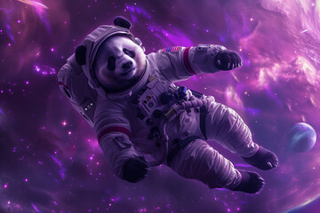 Generative AI Image of Panda Wearing Astronaut Suit Floating in Outer Space with Galaxy Purple Sky