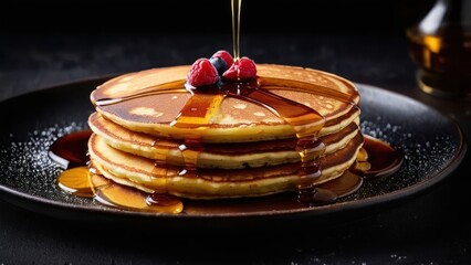 Wall Mural - Serene Mornings, A Stack of Fluffy Pancakes in Syrupy Bliss with Fresh Raspberries