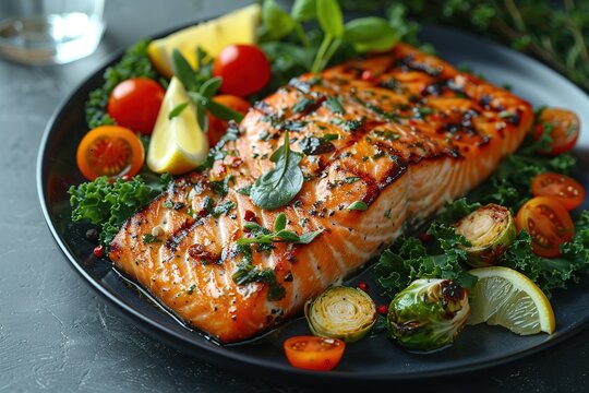 fillet grill salmon food meal plate fish vegetable healthy dish dinner lunch cooked roast seafood filet fried lemon delicious