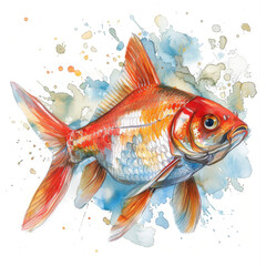 Wall Mural - Watercolor painting of a vibrant goldfish with detailed scales and splashes of color, showcasing artistic expression.