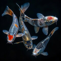 Wall Mural - White and orange koi fish in the water with a black background. 