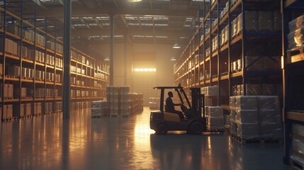 Wall Mural - Smart warehouse worker or operator driving forklift and lifted product surrounded with box at storage. Professional engineer working in ware house while using machine carry or transport box. AIG42.