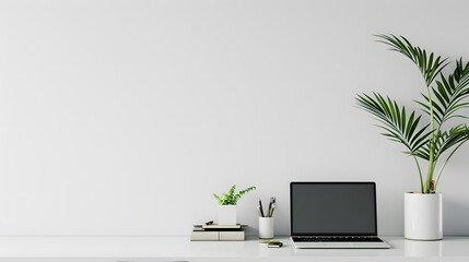 A white wall with a laptop and a potted plant on a desk