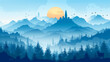 © khonkangrua - Illustration of a serene blue forest with distant mountains and a castle at sunrise, creating a tranquil fantasy landscape.