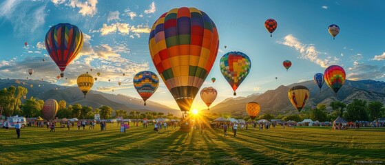 Sticker - A colorful hot air balloon festival at sunrise, balloons of various patterns filling the sky, mountains in the background, wide-angle, vibrant and celebratory., Leading lines, centered in frame,