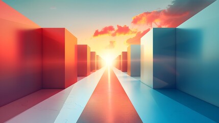 Wall Mural - A long hallway with red, blue and white cubes. The sun is shining through the windows, creating a warm and inviting atmosphere