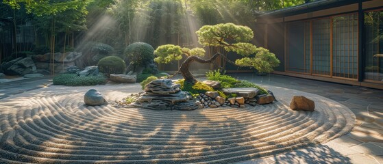 Sticker - A serene Zen garden with raked sand, stone sculptures, and a bonsai tree, soft sunlight, low angle, peaceful and meditative., Leading lines, centered in frame, natural light