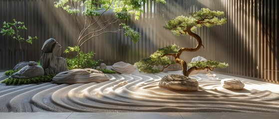 Wall Mural - A serene Zen garden with raked sand, stone sculptures, and a bonsai tree, soft sunlight, low angle, peaceful and meditative., Leading lines, centered in frame, natural light