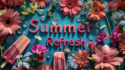 Summer refresh concept with flowers, popsicles and turquoise background.