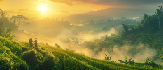 Sticker - A serene rice terrace landscape at sunrise, mist over the fields, farmers in traditional attire, wide-angle, peaceful and picturesque., Leading lines, centered in frame, natural light