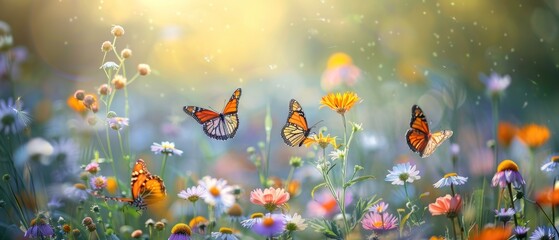 Wall Mural - A peaceful meadow in spring, wildflowers in bloom, butterflies fluttering, soft sunlight, wide-angle, serene and vibrant., Leading lines, centered in frame, natural light