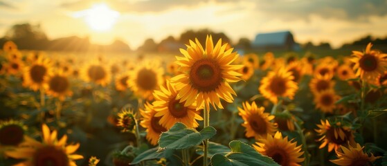 Wall Mural - A serene sunflower field at golden hour, sunflowers facing the sun, a farmhouse in the distance, wide-angle, warm and cheerful., Leading lines, centered in frame, natural light