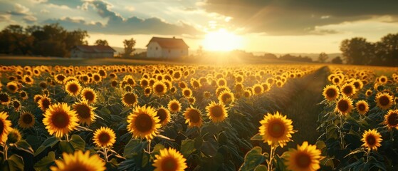 Wall Mural - A serene sunflower field at golden hour, sunflowers facing the sun, a farmhouse in the distance, wide-angle, warm and cheerful., Leading lines, centered in frame, natural light