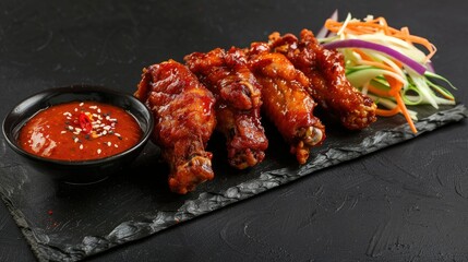 Wall Mural - Delicious crispy fried chicken wings arranged elegantly with hot chili