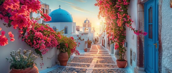 Wall Mural - A charming street in Santorini, white-washed buildings, blue domes, blooming bougainvillaea, sunset light, wide-angle, picturesque and romantic., Leading lines, centered in frame, natural light