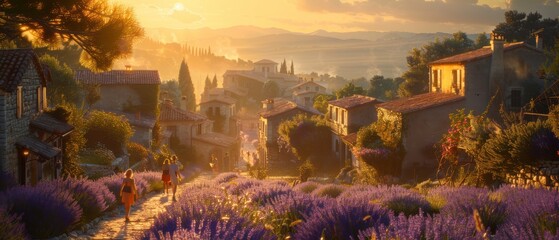 Wall Mural - A picturesque street in Provence, lavender fields, stone houses, people walking, golden hour light, wide-angle, charming and rustic., Leading lines, centered in frame, natural light