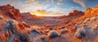 © Phanuwhat - A dramatic canyon landscape at sunset, red rock formations, sky painted with vibrant hues, wide-angle, awe-inspiring and expansive., Leading lines, centered in frame, natural light