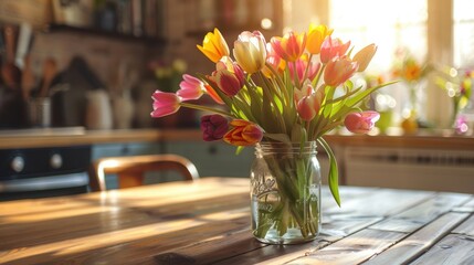 Sticker - A mixed bouquet of multicolored tulips in a rustic mason jar, placed on a farmhouse kitchen table, emphasizing a cheerful and homey atmosphere. 