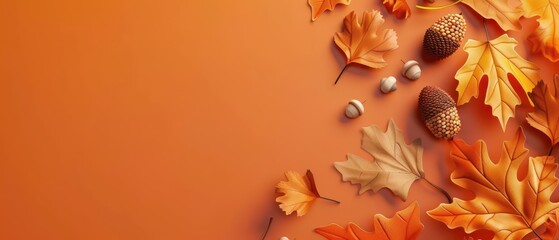 Wall Mural - Autumn promotion with 3D leaves and acorns, matte finish, copy space,