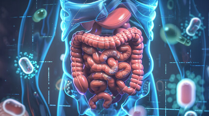 illustrate the benefits of probiotics on the human digestive system in a futuristic style, super rea