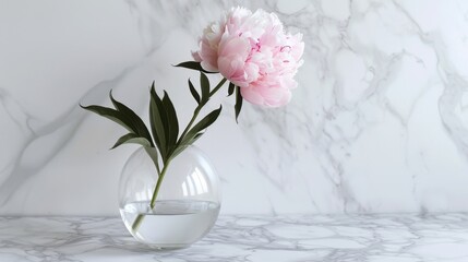 Wall Mural - A single peony in a minimalist glass vase, set on a marble countertop, showcasing simplicity and elegance. --ar 16:9 --style raw Job ID: f0a7b6f8-8f8b-46bd-9319-51d2efa8c889