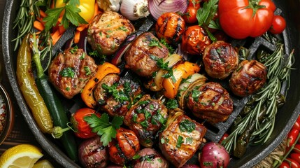 Wall Mural - Top view of colorful grilled meat set with pork, meatballs, and a variety of vegetables