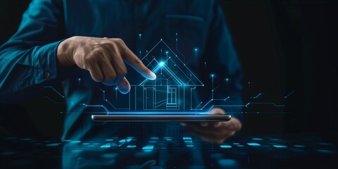 Poster - Businessman using a tablet to present a hologram of a house in the style of a real estate concept on a dark background.a virtual home icon in the air with his finger for online searching